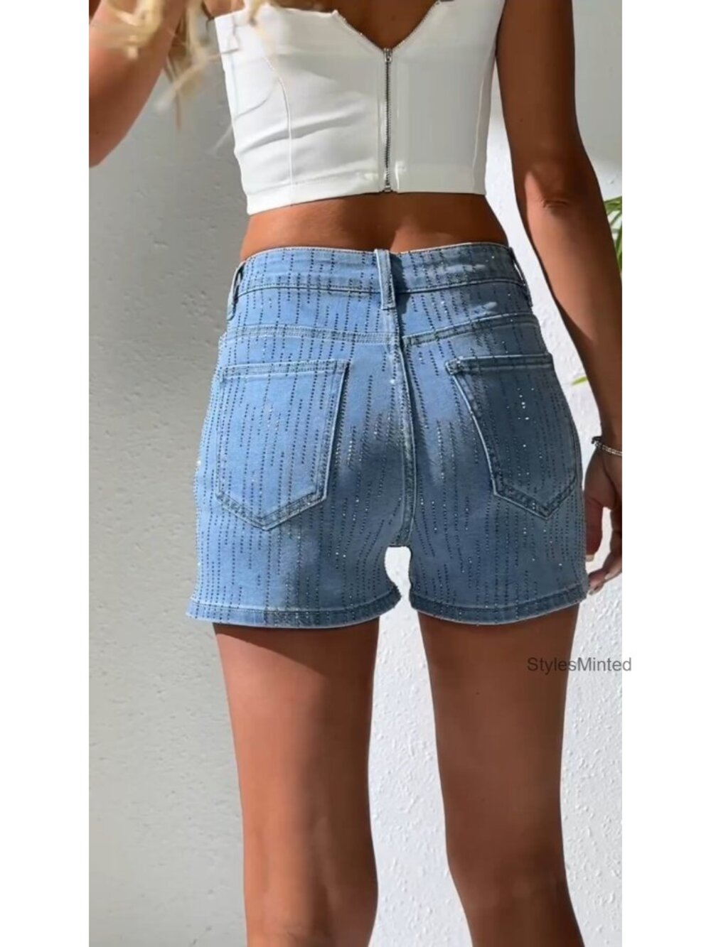 Rhinestone Jean Shorts High Waisted Denim Shorts Sparkle Sequin Glitter Party - Picture 6 of 6